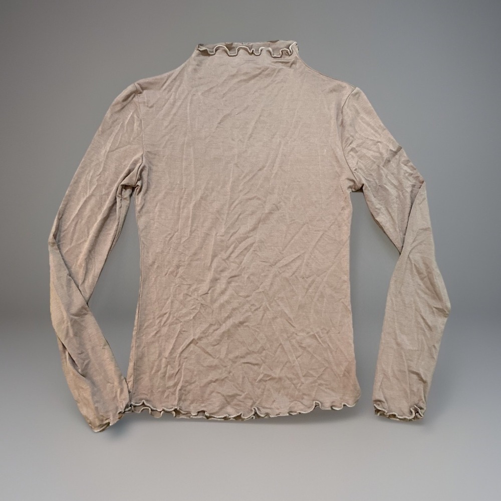 Ruffle Trim Mock Neck Long Sleeve Top‎ Beige Layering Essential Feminine Small
